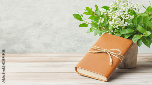 Explore the serene beauty of a brown leather notebook paired with a vibrant bouquet of greenery creating a perfect aesthetic for relaxation and creativity