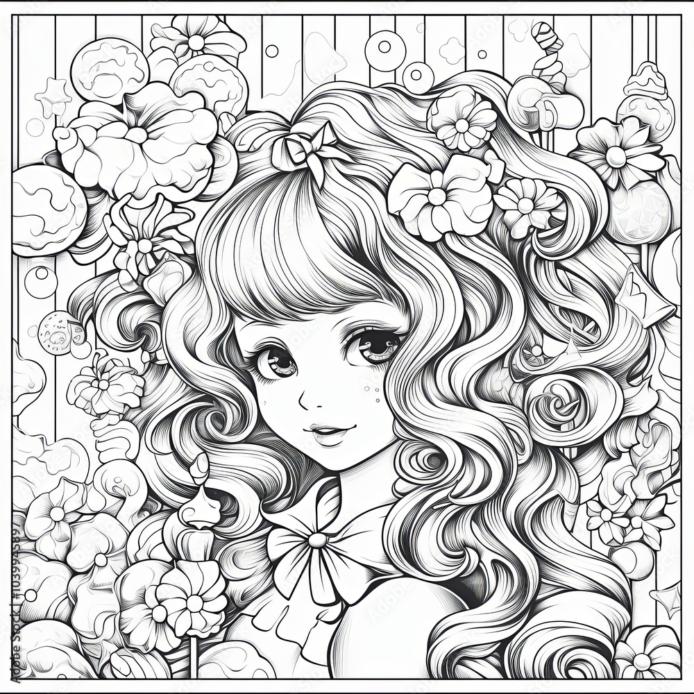 Young girl with long curly hair surrounded by flowers and whimsical shapes. Coloring page design for relaxation and creativity. Young girl with long curly hair surrounded by flowers and whimsical shapes. Coloring page design for relaxation and creativity.