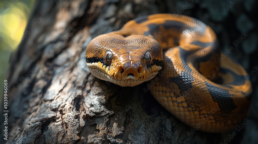A close-up of a colorful snake resting on a tree trunk. A close-up of a colorful snake resting on a tree trunk.