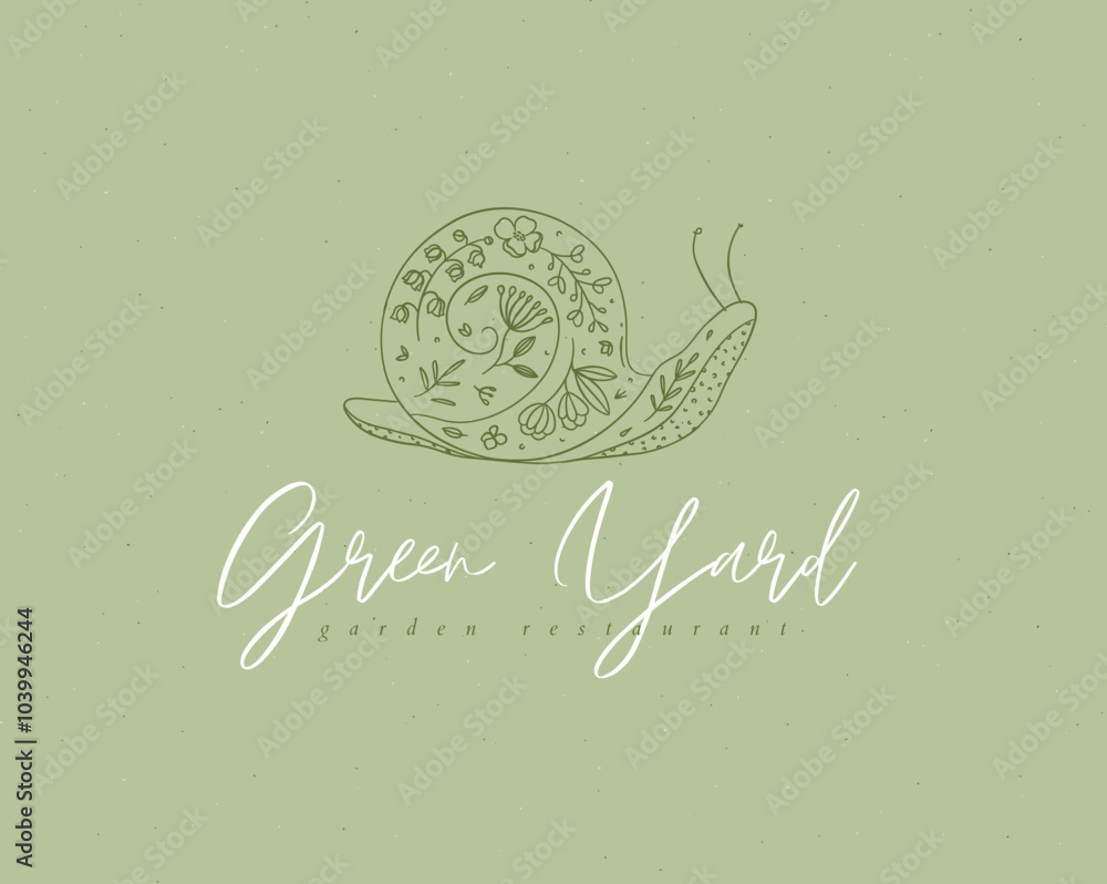 Snail label design lettering green yard garden restaurant drawing in floral style on green background