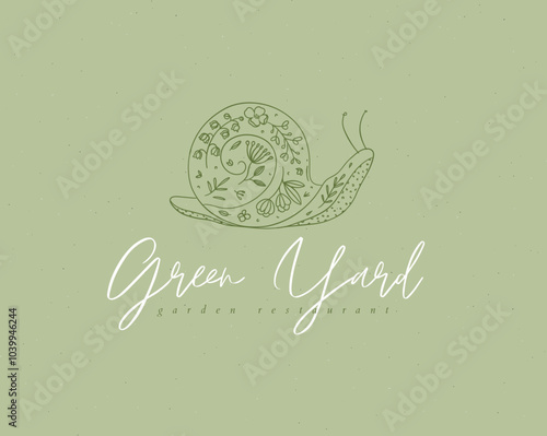 Obraz na płótnie Snail label design lettering green yard garden restaurant drawing in floral style on green background w salonie