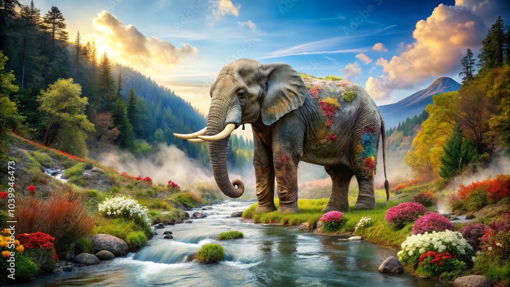 Fototapeta premium Elegant Marble Elephant Statue in Double Exposure with Nature Elements for Stunning Art Photography