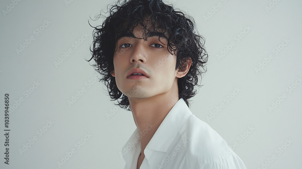 Japanese man with curly hair in white clothes