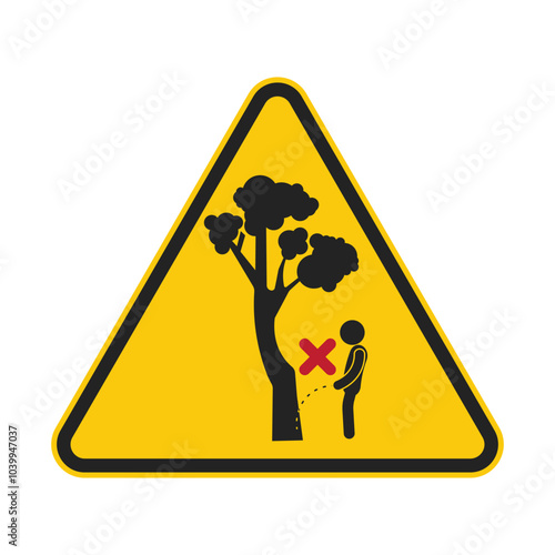 Isolated  yellow prohibition sign do not pee under the trees, for outdoor park safety label