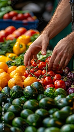 Vibrant Market Selection, hands delicately choosing fresh, colorful fruits and vegetables at a bustling market stall, showcasing abundance and variety photo