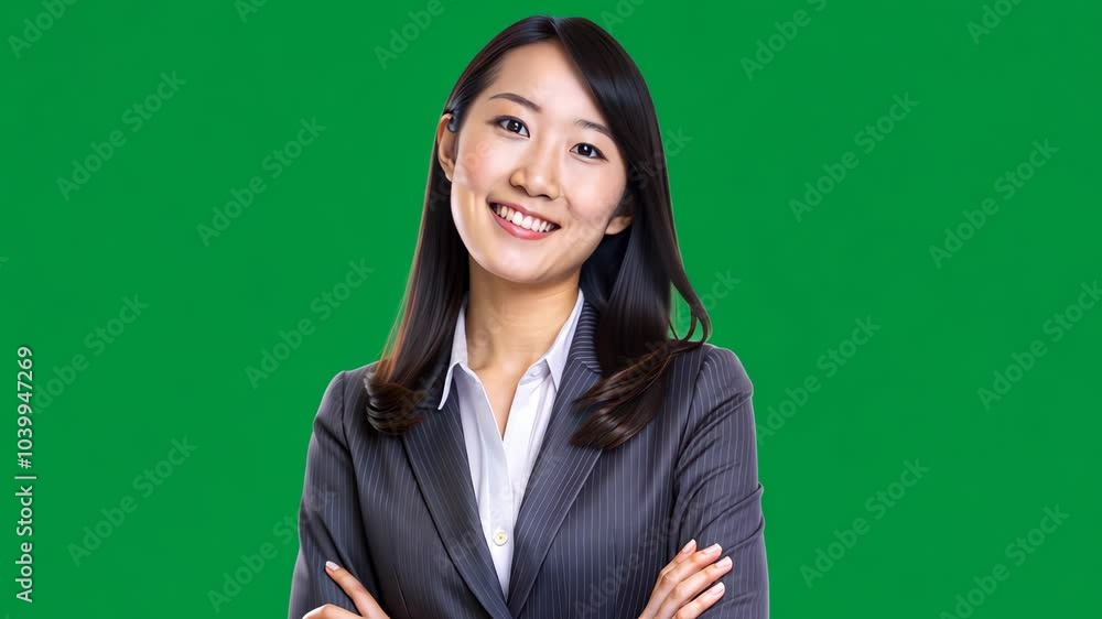 Confident woman poses with arms crossed on green backdrop. Green screen. Confident woman poses with arms crossed on green backdrop. Green screen.