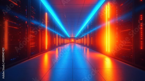 information streams through a hightech data center vividly illuminated in blue and orange showcasing the complexity of cloud computing and cybersecurity infrastructure