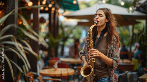 Woman playing saxophone at an outdoor café in autumn.