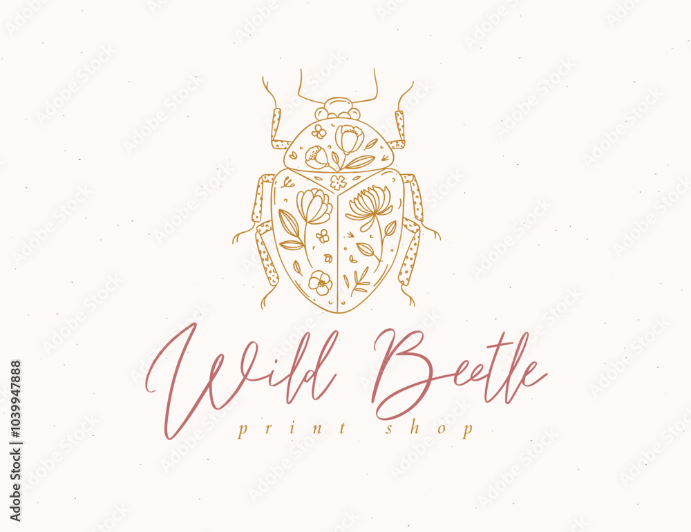 Beetle label design lettering wild print shop drawing in floral style on beige background