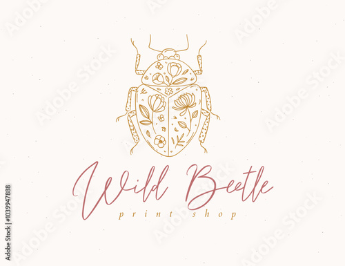 Obraz na płótnie Beetle label design lettering wild print shop drawing in floral style on beige background w salonie