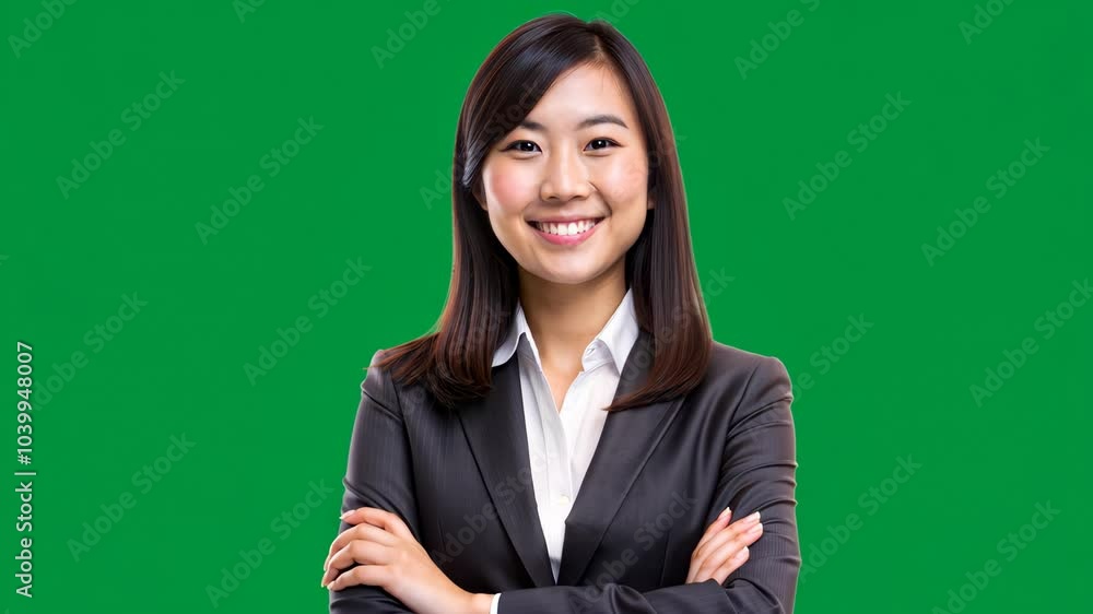 Professional businesswoman poses confidently against a green backdrop. Green screen. Professional businesswoman poses confidently against a green backdrop. Green screen.