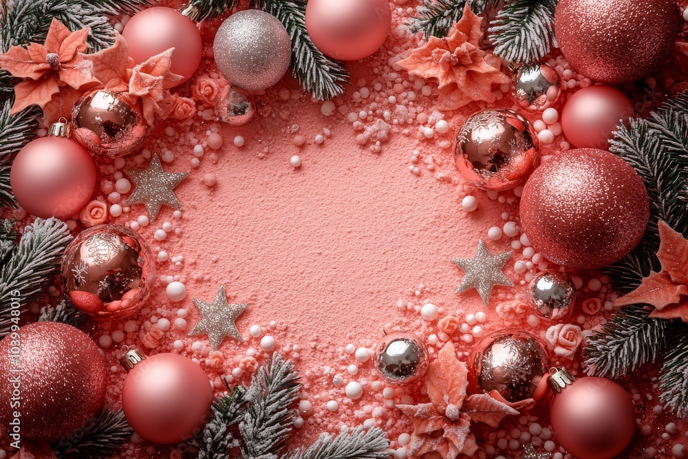 Decoration on rosy background, top view, Christmas decoration on pink background Decoration on rosy background, top view, Christmas decoration on pink background