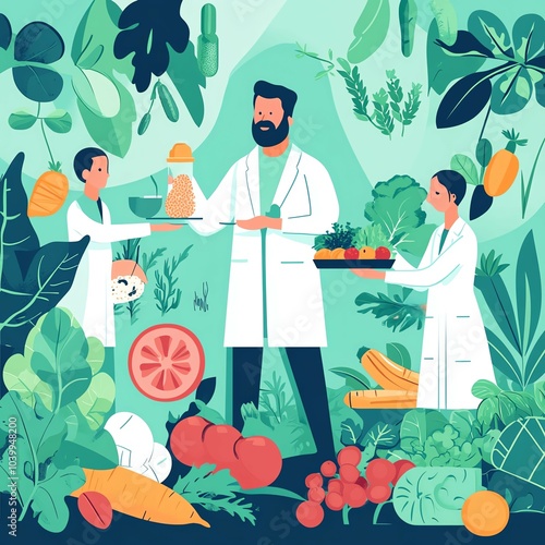 Investment in healthcare growth, mentor supporting sustainable food transformation, flat design illustration