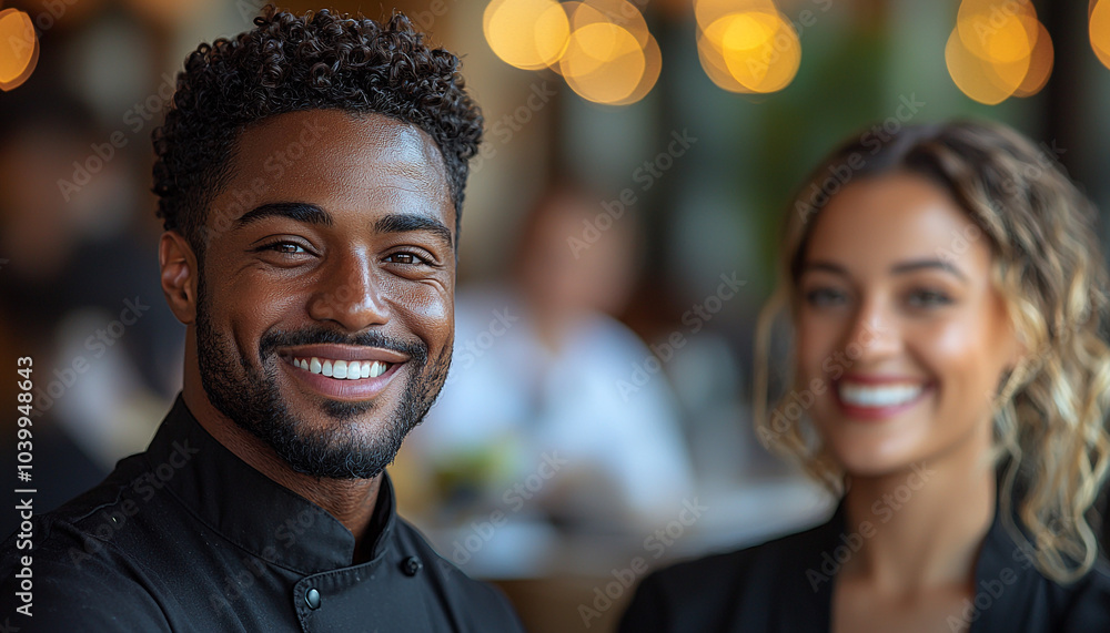 Smiling men and women in office, success teamwork generated by AI Smiling men and women in office, success teamwork generated by AI