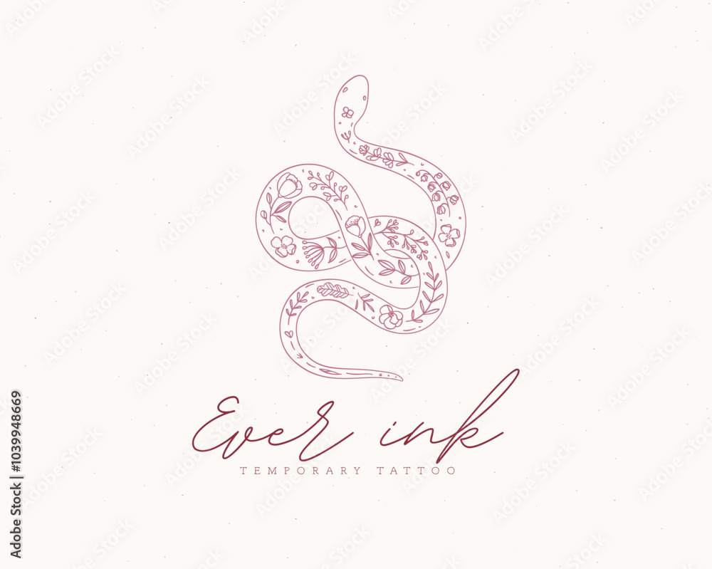 Snake label design lettering ever ink temporary tattoo drawing in floral style on beige background
