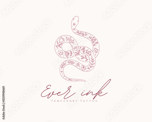 Obraz na płótnie Snake label design lettering ever ink temporary tattoo drawing in floral style on beige background w salonie