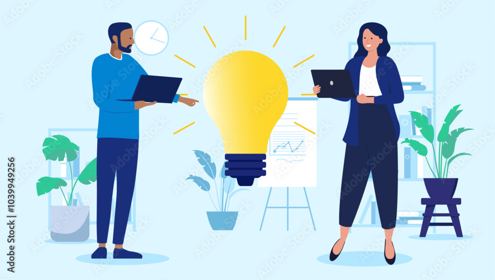 Office people idea - Two businesspeople IT workers or developers coming up with new ideas, working on brainstorming and being creative in corporate business setting. Flat design vector illustration Office people idea - Two businesspeople IT workers or developers coming up with new ideas, working on brainstorming and being creative in corporate business setting. Flat design vector illustration