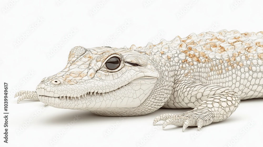 Fototapeta premium Close-up of a white alligator with brown spots, facing the camera with a slightly open mouth.