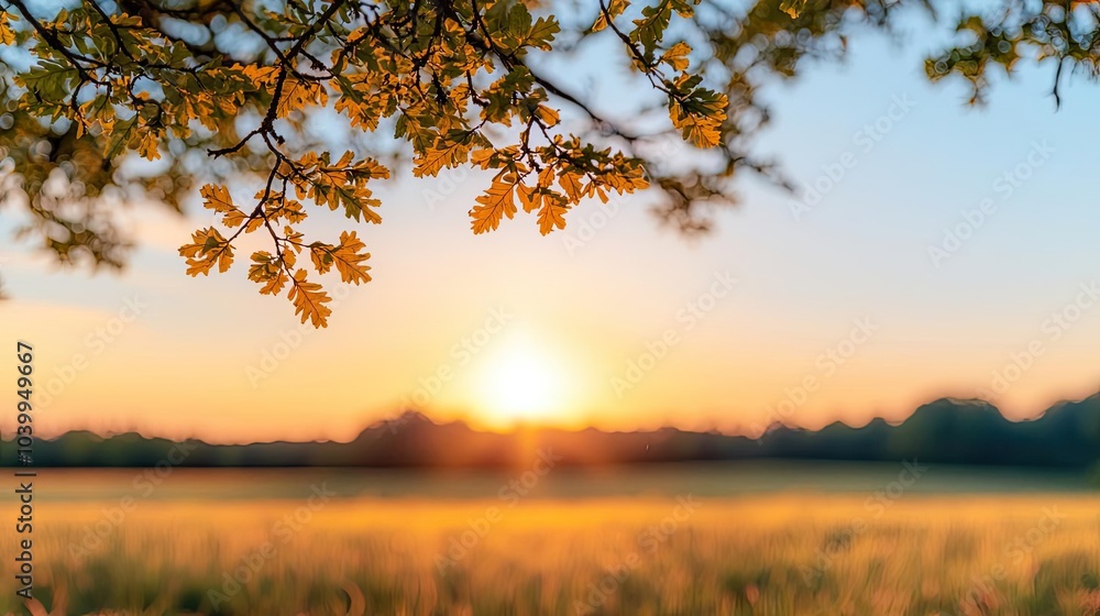 Sunset over a serene field with vibrant leaves framing the view. Sunset over a serene field with vibrant leaves framing the view.