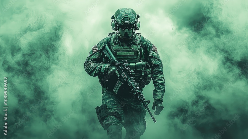 Fototapeta premium A soldier in camouflage uniform and helmet walks through green smoke with a rifle in hand.