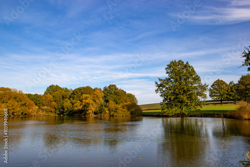 Obraz na płótnie Autumn landscape on a sunny day. Lake and trees.. w salonie