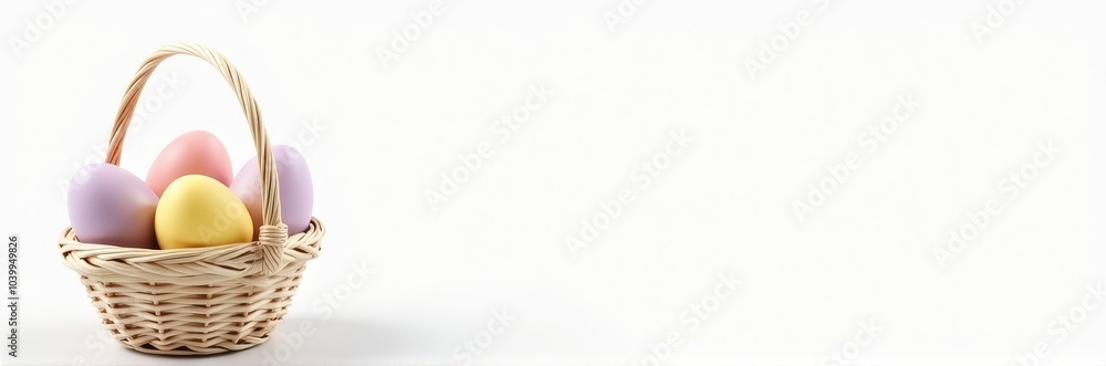 Naklejka premium Aesthetic Arrangement of Colorful Pastel Easter Eggs in a Basket Against a Clean White Background
