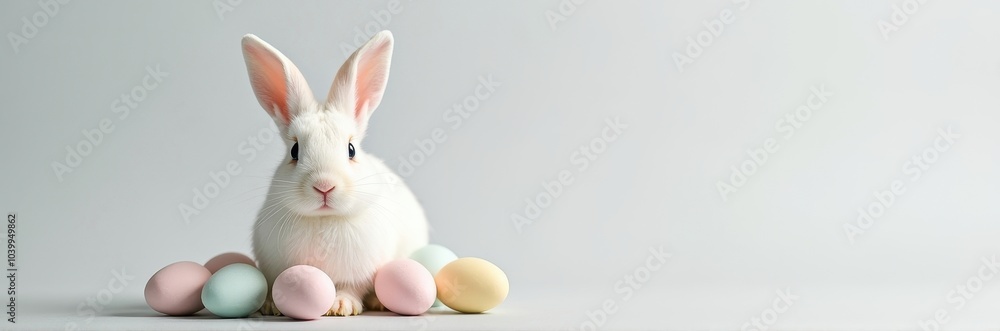 Fototapeta premium Charming White Bunny with Pastel Eggs for Minimalist Easter Designs