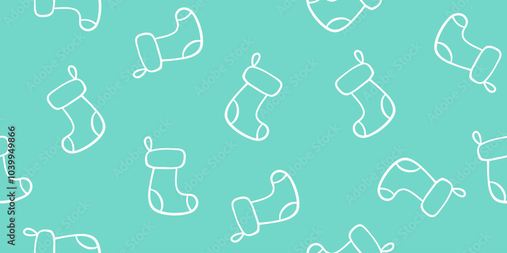 Christmas stockings outlines on green seamless pattern, doodle style vector Christmas stockings outlines on green seamless pattern, doodle style vector