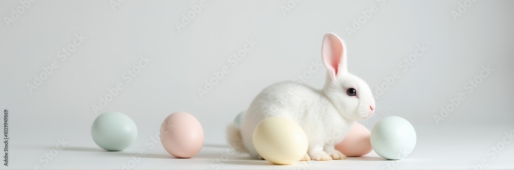Obraz premium Minimalist Easter Delight: Cute Bunny with Pastel Eggs