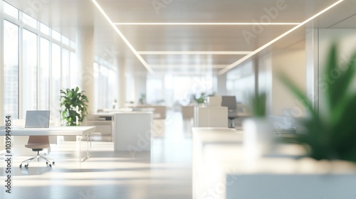 Modern open-plan office space with sleek white desks, ergonomic chairs, and abundant natural light. Minimalist design features LED ceiling lights and green plants for a fresh atmosphere.