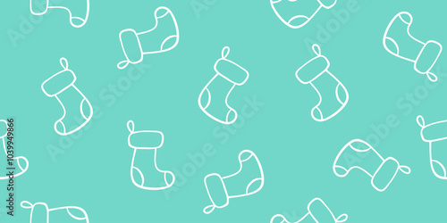 Christmas stockings outlines on green seamless pattern, doodle style vector