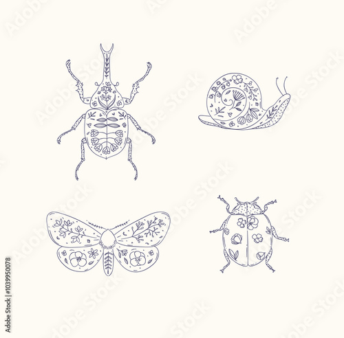 Obraz na płótnie Beetles elements rhinoceros beetle, snail, moth, ladybug drawing in floral style with blue on beige background w salonie