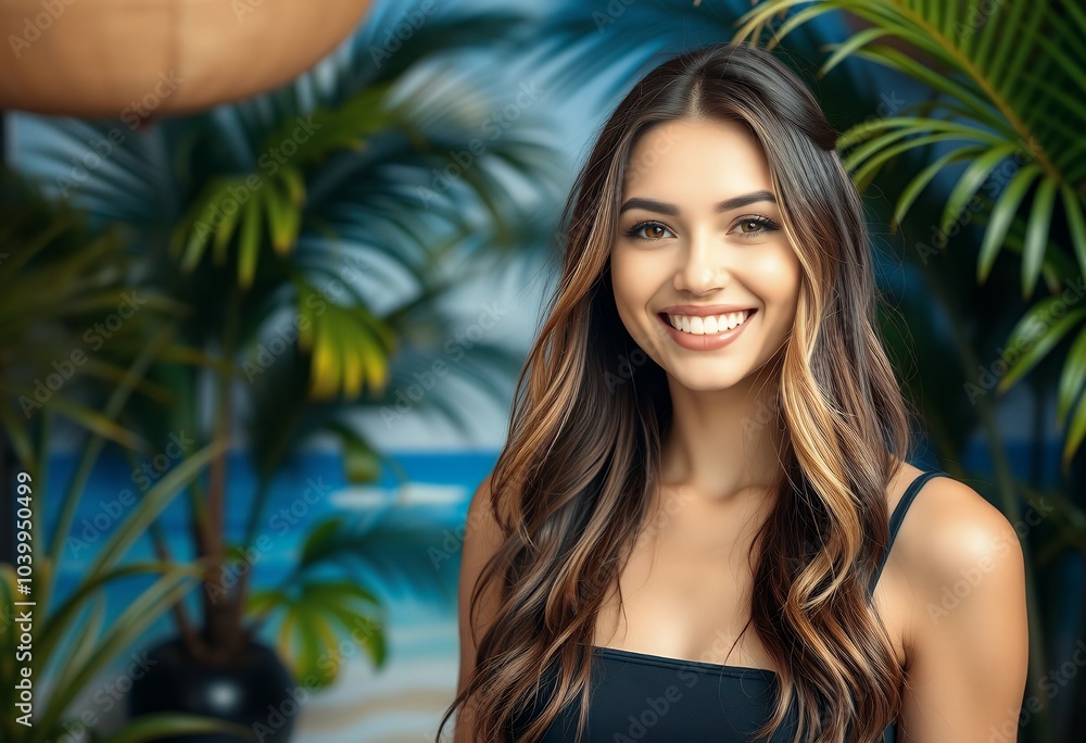 Happy Woman Smiling in Tropical Setting Summer Portrait Vacation Happy Woman Smiling in Tropical Setting Summer Portrait Vacation