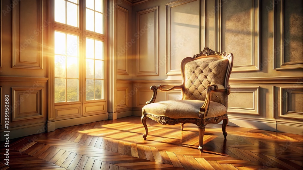 Fototapeta premium Elegant Vintage Chair in Sunlit Room with Classic Wall Paneling and Parquet Flooring