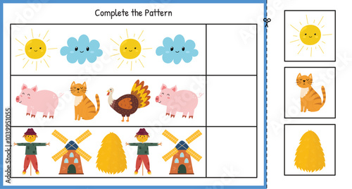 Complete the pattern activity page for kids. Cut and glue the missing elements. Put the farm characters in the right order educational game for school and preschool. Vector illustration