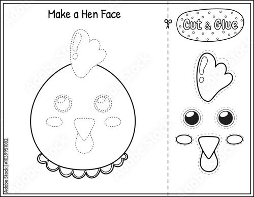 Make a hen face funny game in black and white for kids. Cut and glue educational activity page in outline. Matching game with chicken animal. Vector illustration