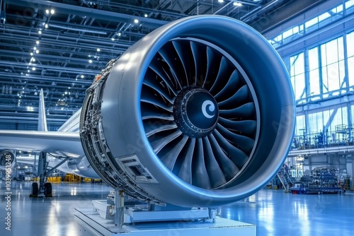 Close-up of large silver jet engine in hangar with fan-like blade arrangement and high ceiling Industrial Area