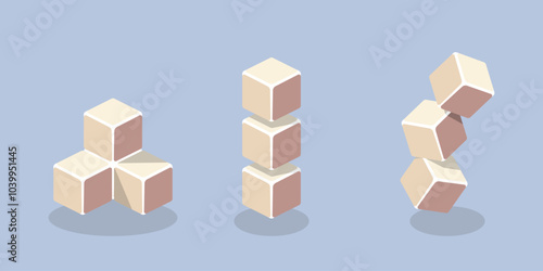 Isometric sugar cubes of different configurations on a purple background, minimalist style.