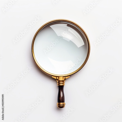 Vintage magnifying glass with wooden handle on white background.