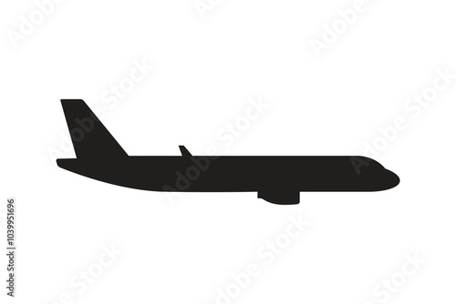 Silhouette of a passenger airplane, side view, simple illustration on white background.