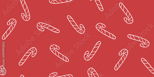 Seamless pattern with candy canes outlines on red, doodle style vector