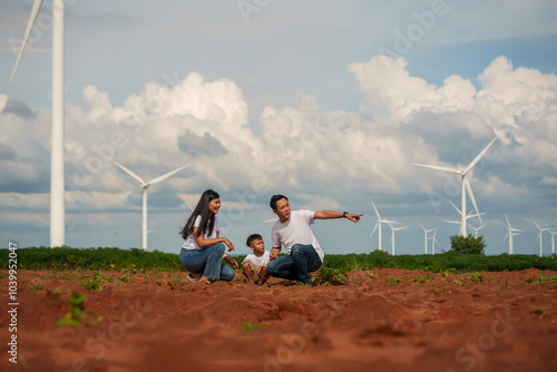 Asian family doing activities together with wind turbines in the background, renewable energy source, environmental sustainability concept.