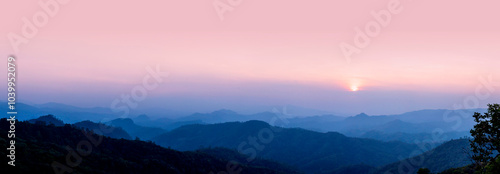 Banner purple sky sunrise dramatic beautiful landscape view. Dawn sky violet pink gold dusk time cloudscape with sunlight. Panorama Dramatic vibrant sunset scenic landscape nature with copy space