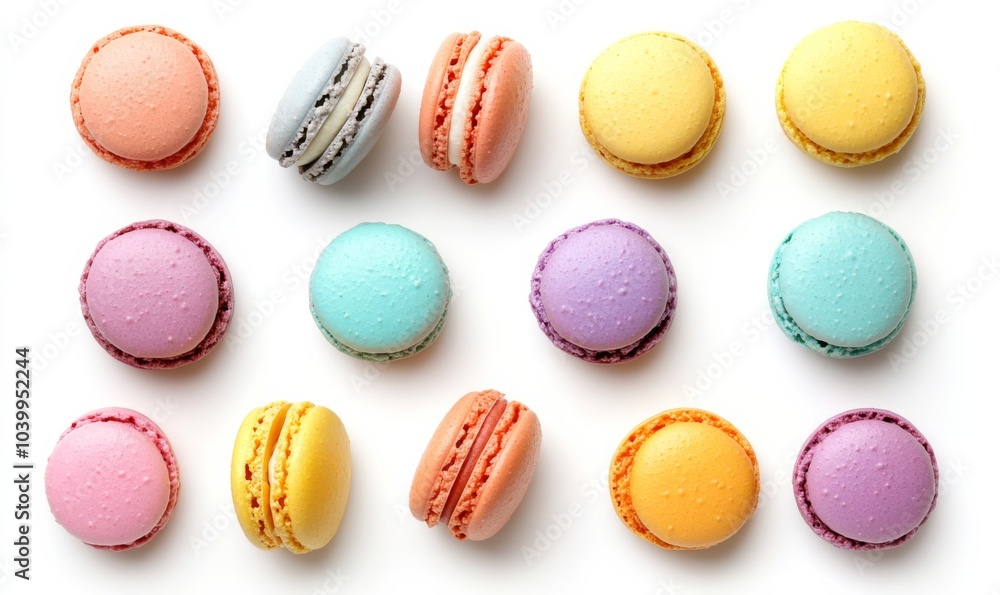 a whole view of multiple Macarons on white background, view from above, editorial photography a whole view of multiple Macarons on white background, view from above, editorial photography