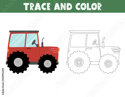 Trace and color game for kids with a tractor. Activity page with a farm transport. Great for coloring book. Vector illustration