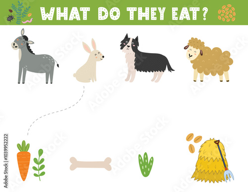 What do they eat matching game for kids with cute farm animals. Farm activity page for school and preschool. Vector illustration