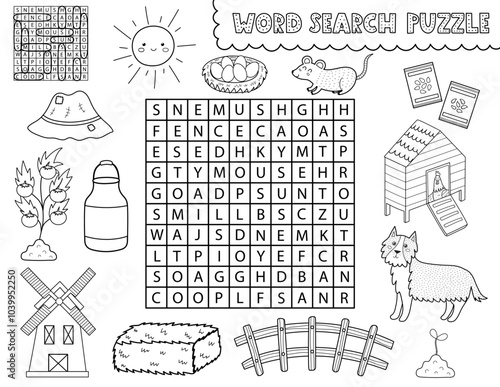 Word search black and white puzzle with cute farm objects and characters. Find the hidden words activity page for kids in outline. Perfect for coloring. Vector illustration