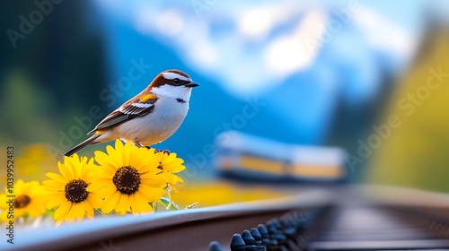 An incredible shot of a bird perched on a flower with a distant view of a train winding through snowy mountains captured in sharp detail by a Sony A90 and 600mm lens. photo