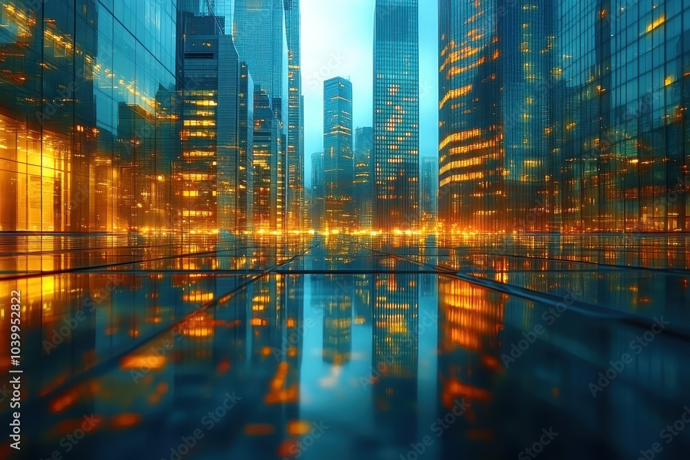 City skyline reflecting golden lights on glass at dusk amidst towering skyscrapers City skyline reflecting golden lights on glass at dusk amidst towering skyscrapers