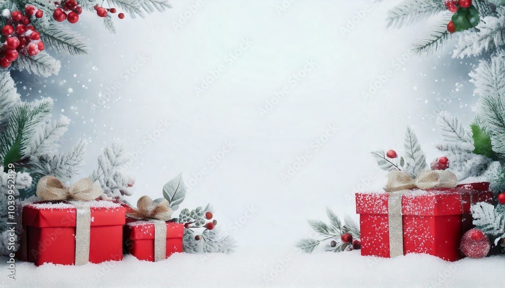 Snow covered evergreen branches and holly with red Christmas presents on white background Snow covered evergreen branches and holly with red Christmas presents on white background